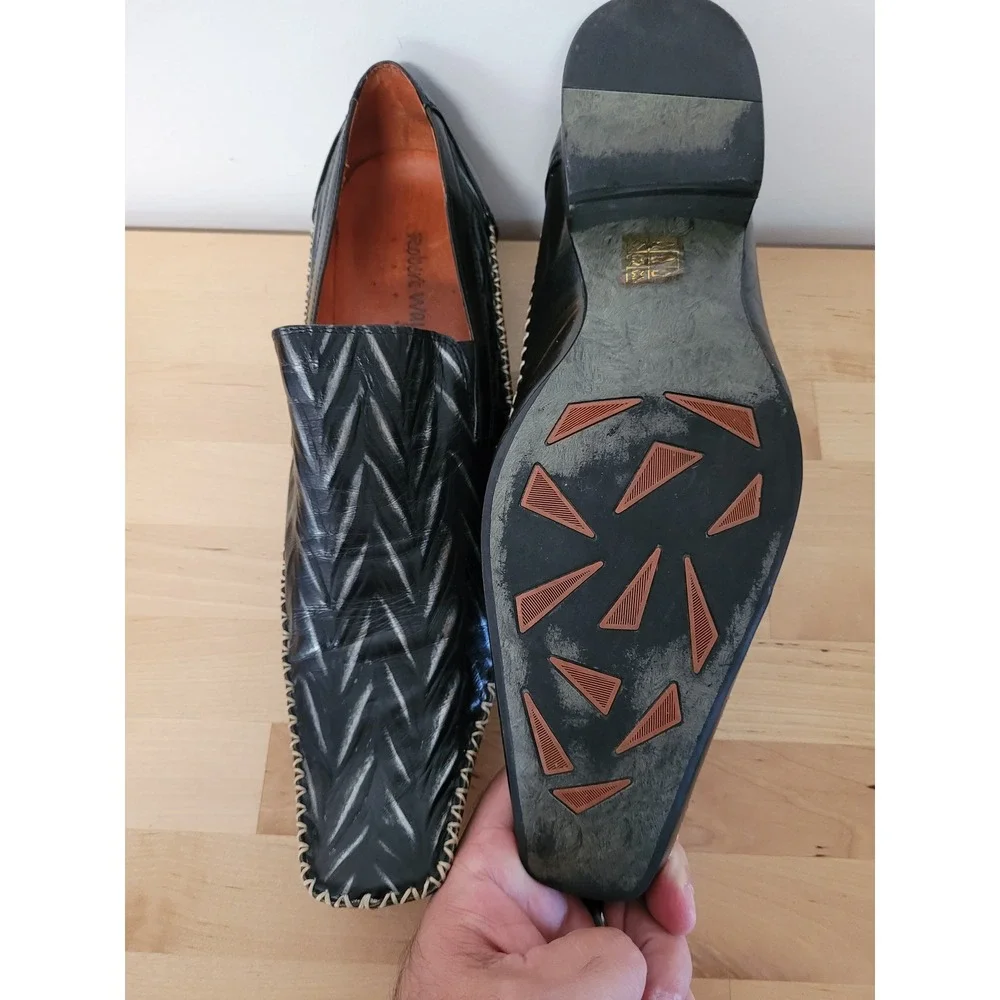 Robert Wayne Jordan Loafers Mens Size 12 Black Silver Chevron Whipstitch Shoes